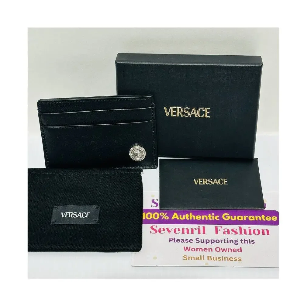 NIB Versace Medusa Silver Biggie Black Leather Credit Card Holder